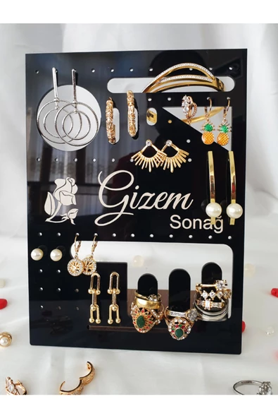 GİZEM SHOP Siyah Kişiye Özel Küpe,Yüzük,Kelepçe,Takı Organizeri Hediyelik ürün görseli 1