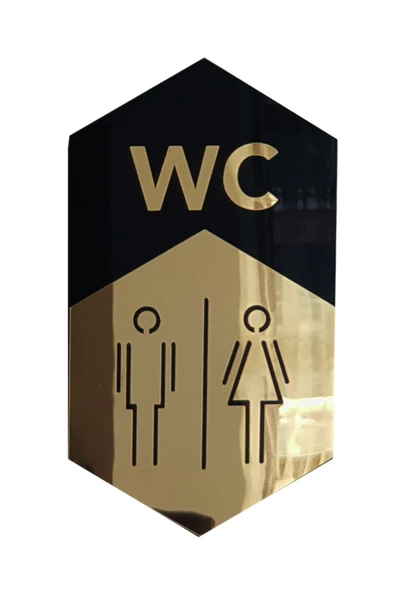 GİZEM SHOP WC Yönlendirme (İKİLİ) Tabelası Siyah Pleksi Üzeri Gold Pleksi ürün görseli 1