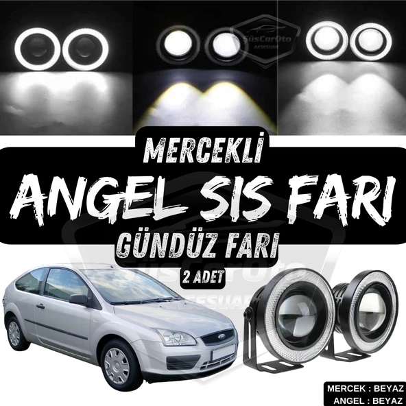 Ford Focus 2 2004-2008 Uyumlu Üniversal Mercekli Angel Sis Farı Metal Su Geçirmez 76 mm Beyaz Halkalı Gündüz Farı Angel Eyes 2 Adet ürün görseli 1