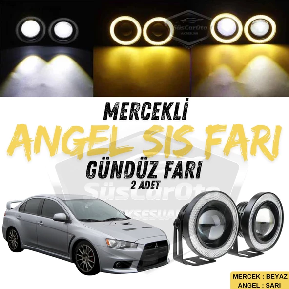 Mitsubishi Lancer 2007-2014 Uyumlu Üniversal Mercekli Angel Sis Farı Metal Su Geçirmez 76 mm Sarı Halkalı Gündüz Farı Angel Eyes 2 Adet ürün görseli 1