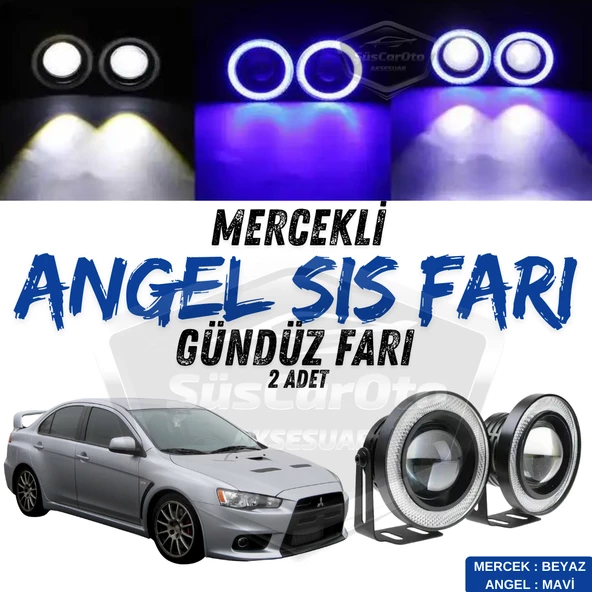 Mitsubishi Lancer 2007-2014 Uyumlu Üniversal Mercekli Angel Sis Farı Metal Su Geçirmez 76 mm Mavi Halkalı Gündüz Farı Angel Eyes 2 Adet ürün görseli 1