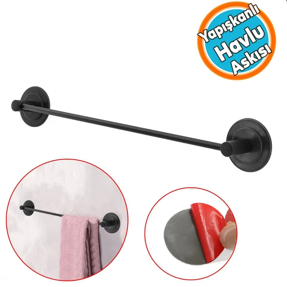 Banyo Lavabo Mutfak Yapışkanlı Bez Havlu Standı Askısı Paslanmaz Metal Siyah Uzun Bez Havluluk ürün görseli 1