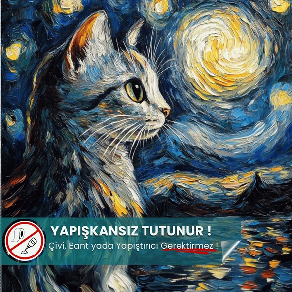 Yıldızlı Gece Kedi Posteri, Akıllı Kağıt Premium Eşsiz Tasarım Poster, Van Gogh Tablo,Duvar Posteri ürün görseli 1