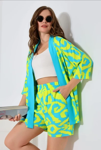 KADIN TURKUAZ SARI KİMONO TAKIM ürün görseli 1