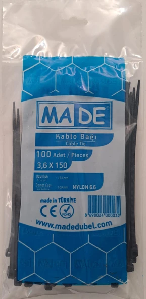 MADE KABLO BAĞI 3,6X150 mm SİYAH 100 LÜ ürün görseli 1