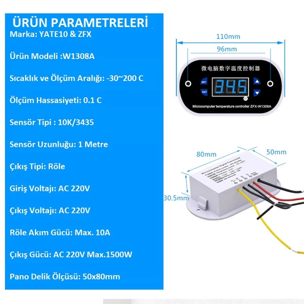 Yate10 W1308A 220V 10A -30+200C Termostat - Resim 4