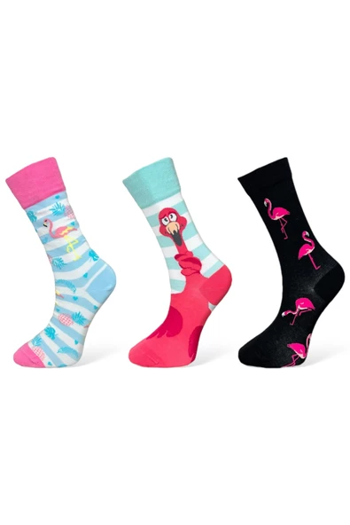 Me-vo 3'lü Çok Renkli Unisex Esnek Nem Alabilen Pamuklu Flamingo Desenli Soket Çoraplar ürün görseli 1