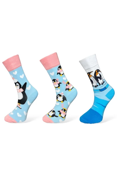 Me-vo 3'lü Penguen Desenli Unisex Esnek Nem Alabilen Pamuklu Mavi Renkli Soket Çoraplar ürün görseli 1