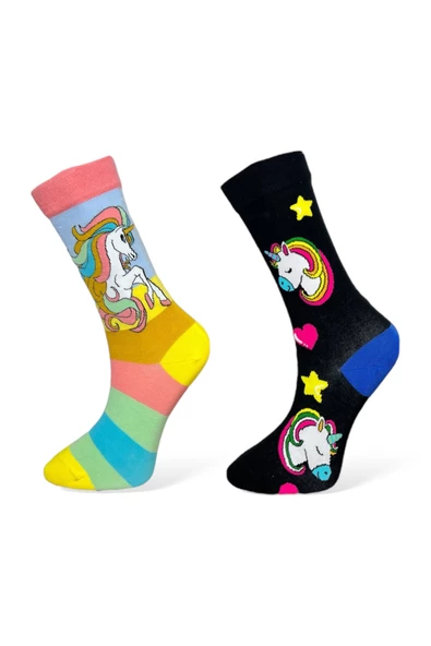 Me-vo 2'li Unicorn Desenli Unisex Esnek Nem Alabilen Pamuklu Çok Renkli Soket Çoraplar ürün görseli 1