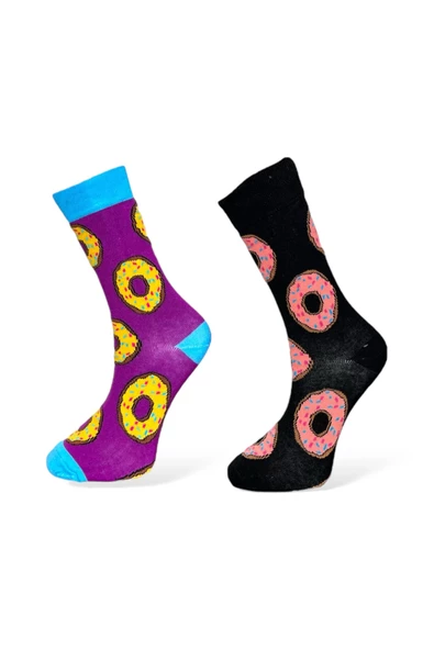 Me-vo 2'li Renkli Unisex Esnek Nem Alabilen Pamuklu Donut Desenli Soket Çoraplar ürün görseli 1