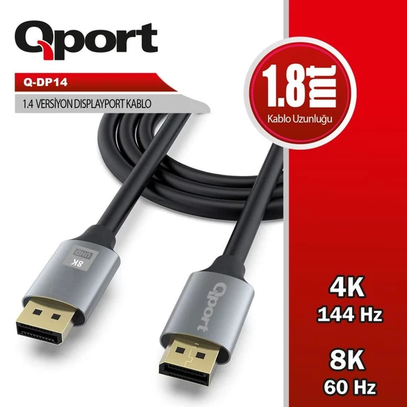QPORT  Q-DP14 DISPLAY PORT 1.8 METRE KABLO ürün görseli 1