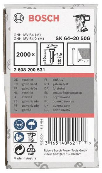 Bosch GNH 18v-64 M Uyumlu Başsız Çivi 50mm 2000 Ad ürün görseli 1