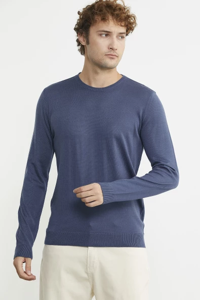 Erkek Sıfır Yaka Basic Triko Kazak - Indigo ürün görseli 1
