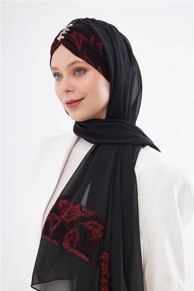 Bordo Taşlı Arkadan Bağlamalı Şal Şifon Çiçek Desenli 2319_16 ürün görseli 1