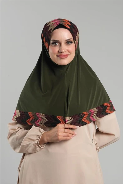 Haki Pratik Hazır Geçmeli Tesettür Eşarp Sandy Renkli Desenli Fileli 2401_09 ürün görseli 1