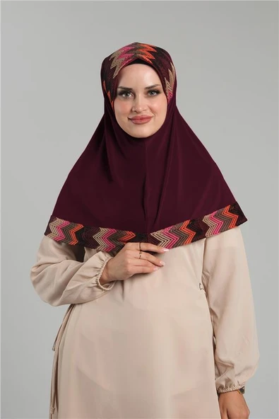 Bordo Pratik Hazır Geçmeli Tesettür Eşarp Sandy Renkli Desenli Fileli 2401_16 ürün görseli 1