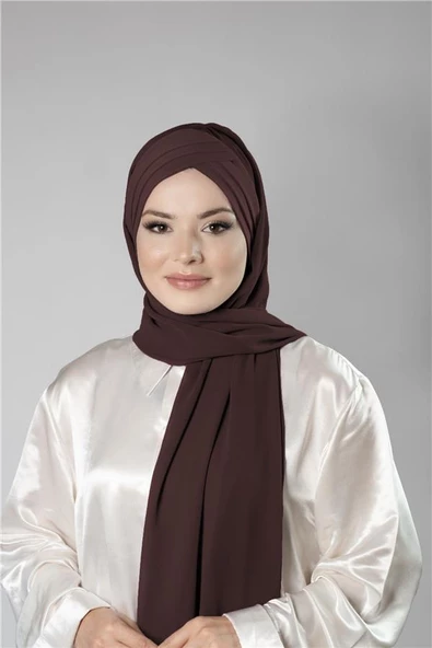 Kahverengi Pratik Hazır Geçmeli Bone Şal Şifon Kendinden Boneli Üç Bantlı 1451_14 ürün görseli 1