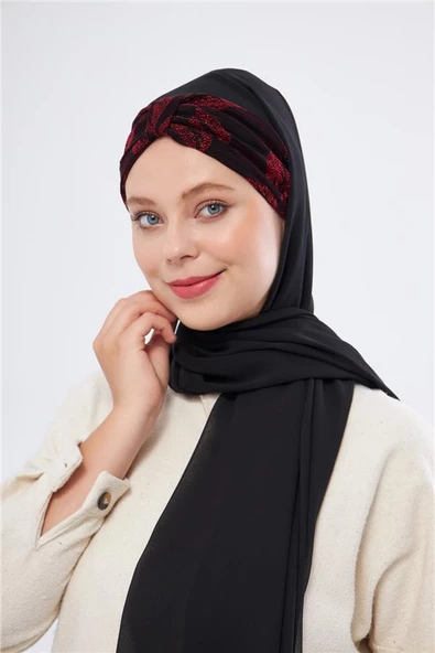 Bordo Simli Arkadan Bağlamalı Şal Şifon Çiçek Desenli 2318_16 ürün görseli 1