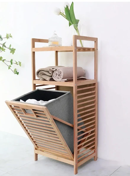 Bambu 2 Raflı Kirli Sepeti Çok Amaçlı Banyo Düzenleyici Organizer Raf ürün görseli 1