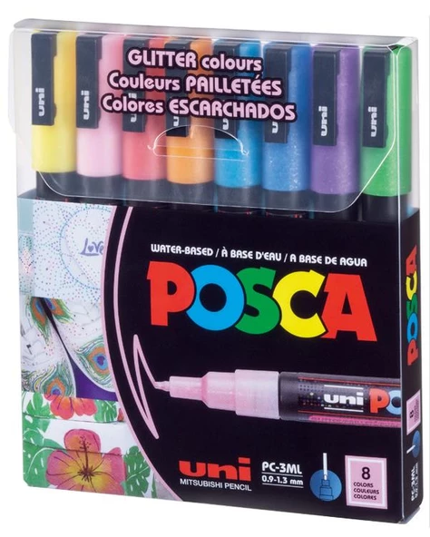 Uni Posca Su Bazlı Marker Seti 8li Simli Renkler 0.9mm 1.3mm PC3ML ürün görseli 1