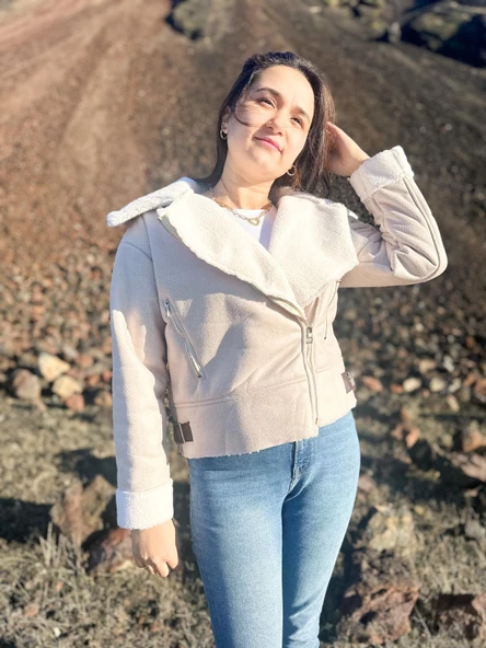İçi Suni Kürklü Suni Süet Crop Biker Ceket ürün görseli 1