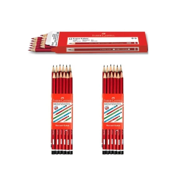 Faber-Castell Kurşun Kalem Köşeli Mercanlı -  24 Adet + 12 Adet Kırmızı Kopya Kalemi ürün görseli 1