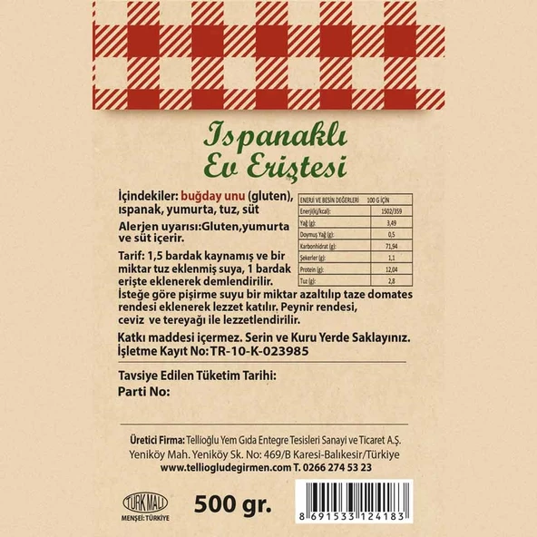 Ispanaklı Ev Eriştesi 500 Gr - Resim 2