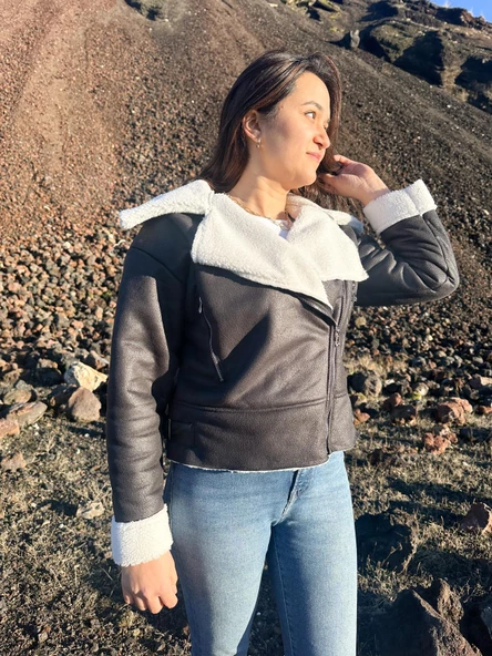 İçi Suni Kürklü Suni Süet Crop Biker Ceket ürün görseli 1