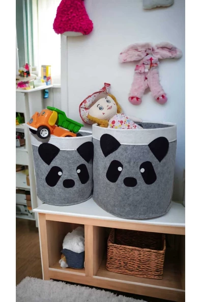 CimriKese 2'li Açık Gri Panda Keçe Çocuk Oyuncak Sepeti, Çamaşır Sepeti ürün görseli 1