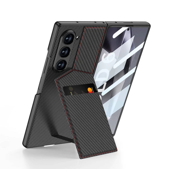 Galaxy Z Fold 6 Kılıf Karbon Fiber Kartlıklı  Kıpta Dik Açılan Kartlıklı Kapak ürün görseli 1