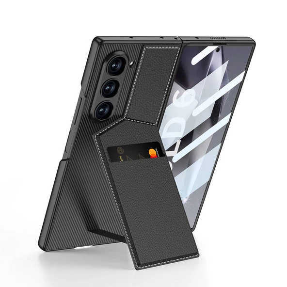 Galaxy Z Fold 6 Kılıf Karbon Fiber Deri Kartlıklı  Kıpta Dik Açılan Kartlıklı Kapak ürün görseli 1