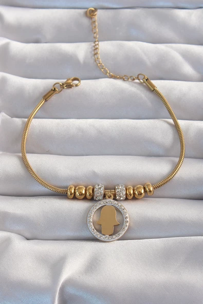 316L Çelik Gold Renk Zirkon Taş Aksesuarlı Fatma Ana Eli Bileklik - EBJ240820W26640 ürün görseli 1