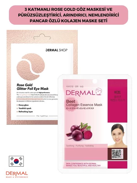 3 Katmanlı Rose Gold Göz Maskesi ve Pürüzsüzleştirici, Arındırıcı, Nemlendirici Pancar Özlü Kolajen Maske Seti ürün görseli 1