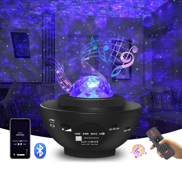 HyMark Led Yıldız Bluetooth Hoparlör Usb Projektör Okyanus Dalgası 21 Modlu Gece Lambası ürün görseli 1