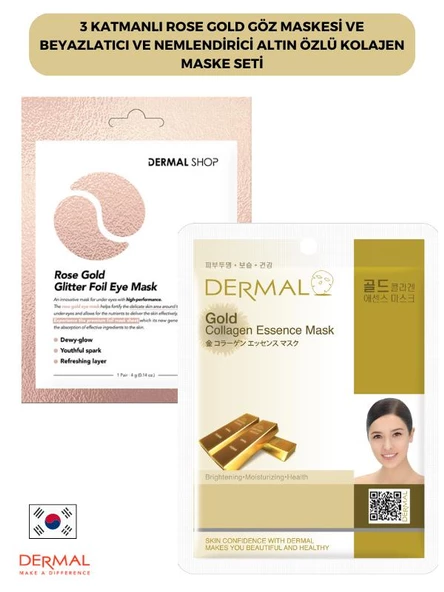 Dermal 3 Katmanlı Rose Göz Maskesi ve Beyazlatıcı Nemlendirici Altın Özlü Kolajen Maske Seti ürün görseli 1