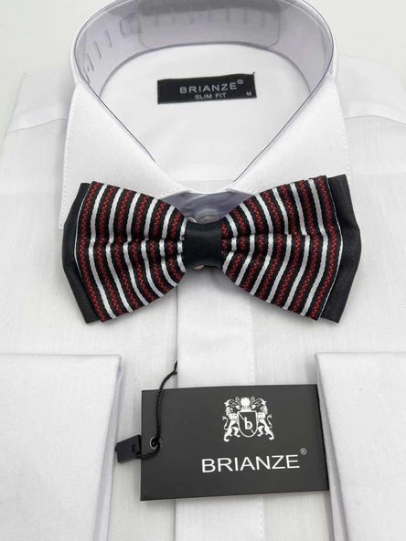 Brianze Siyah Beyaz Kırmızı Çizgili Desen Papyon ürün görseli 1