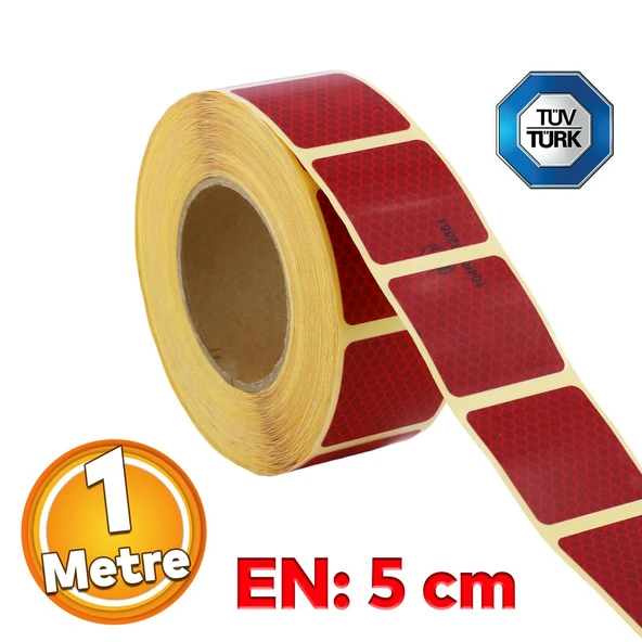 Tüvtürk Onaylı Kırmızı Kesik Reflektörlü Bant Gece Parlayan En 5 cm 1 Mt İkaz Fosforlu Reflektif ürün görseli 1