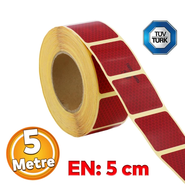 Tüvtürk Onaylı Kırmızı Kesik Reflektörlü Bant Gece Parlayan En 5 cm 5 Mt İkaz Fosforlu Reflektif ürün görseli 1