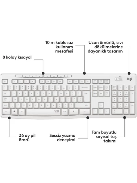 Logitech MK295 Kablosuz Sessiz Klavye Mouse Set 920-010089 Beyaz - Resim 3