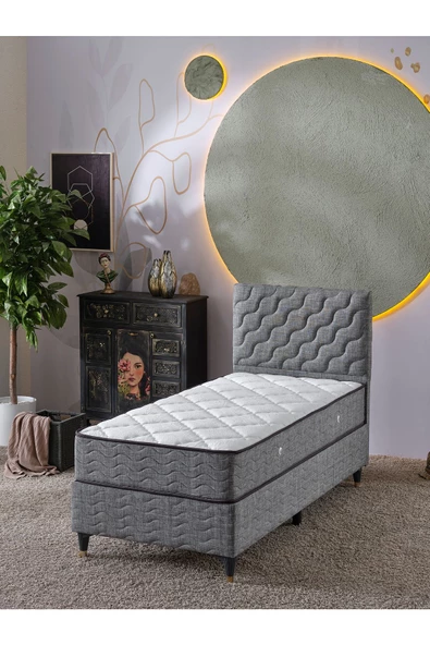 Beehanem Simge 90x190 Tek Kişilik (Baza+Başlık+Yatak) 3 Lü Set(Keten Gri) ürün görseli 1