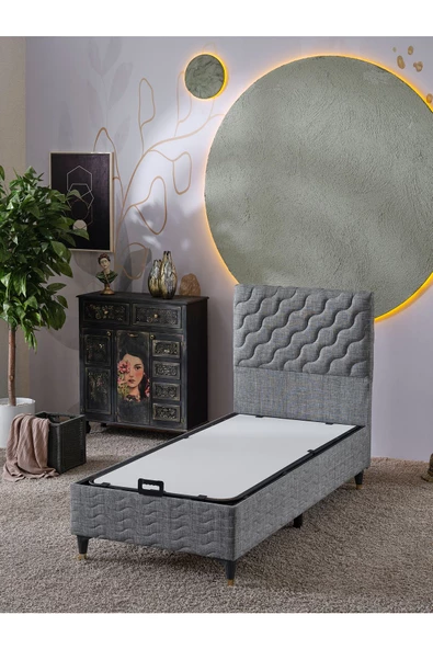 Beehanem Simge 90x190 Tek Kişilik (Baza+Başlık) 2 Li Set (Keten Gri) ürün görseli 1