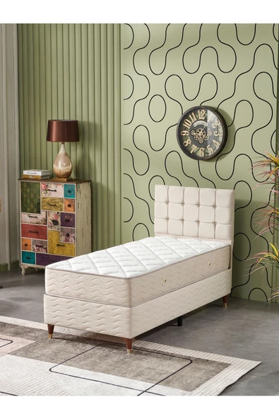 Beehanem Bengü 90x190 Tek Kişilik (Baza+Başlık+Yatak) 3 Lü Set (Krem) ürün görseli 1