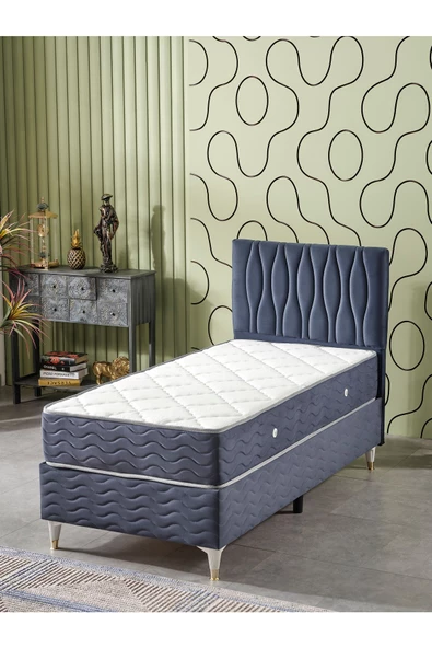 Beehanem Almula 90x190 Tek Kişilik (Baza+Başlık+Yatak) 3 Lü Set (İndigo) ürün görseli 1