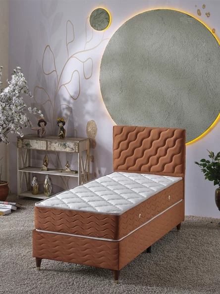 Beehanem Simge 90x190 Tek Kişilik (Baza+Başlık+Yatak) 3 Lü Set (Kiremit) ürün görseli 1