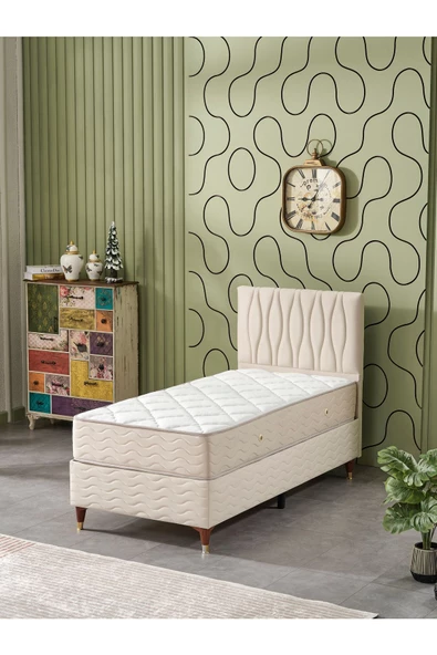Beehanem Almula 90x190 Tek Kişilik (Baza+Başlık+Yatak) 3 Lü Set (Krem) ürün görseli 1