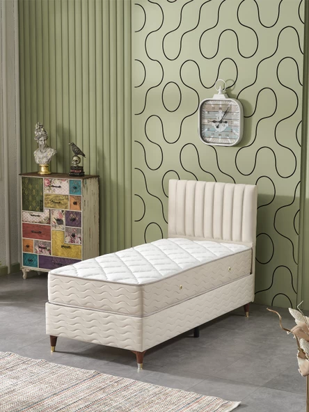 Beehanem Ezgi 90x190 Tek Kişilik (Baza+Başlık+Yatak) 3 Lü Set (BabyFace Krem) ürün görseli 1