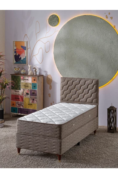 Beehanem Simge 90x190 Tek Kişilik (Baza+Başlık+Yatak) 3 Lü Set (Keten Kahve) ürün görseli 1