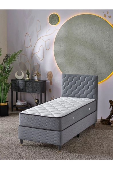 Beehanem Simge 90x190 Tek Kişilik (Baza+Başlık+Yatak) 3 Lü Set (Gri) ürün görseli 1