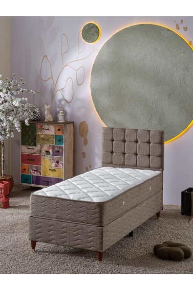 Beehanem Bengü 90x190 Tek Kişilik (Baza+Başlık+Yatak) 3 Lü Set(Keten Kahve) ürün görseli 1