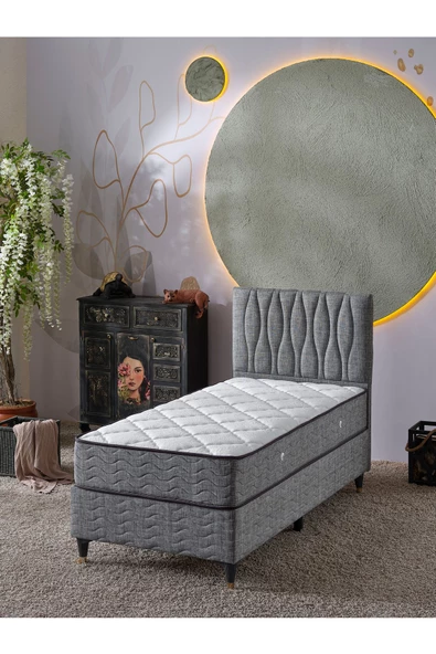 Beehanem Almula 90x190 Tek Kişilik (Baza+Başlık+Yatak) 3 Lü Set (Keten Gri) ürün görseli 1